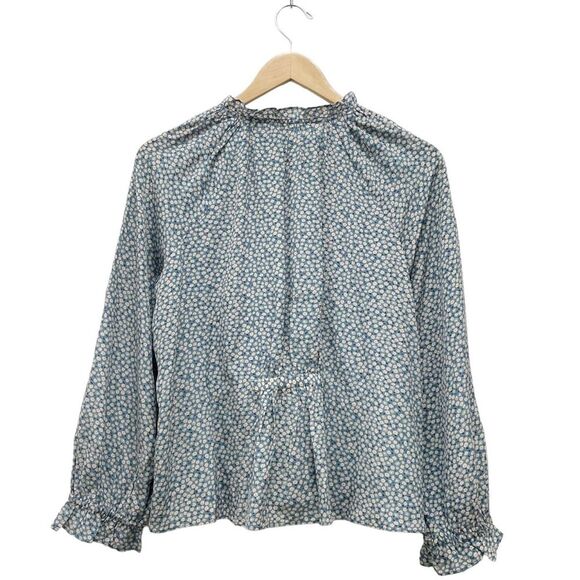 Madewell 100% Silk Poet Top Dusty Slate Blue & Cream Bitsy Floral Size Medium - Picture 3 of 15